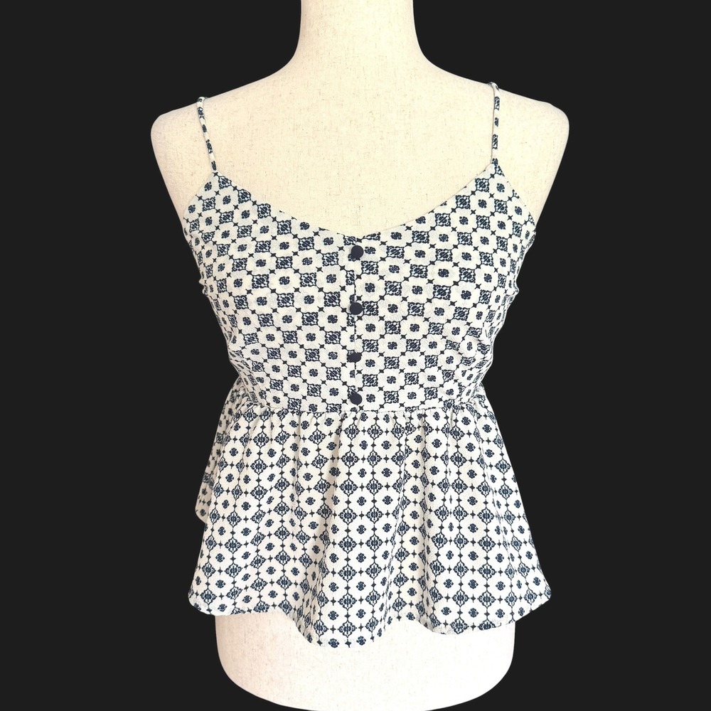 Monteau Los Angeles Navy White Peplum babydoll Top M cottagecore coastal boho